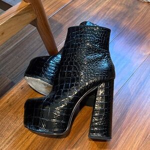 Croc-Embossed Black Platform Ankle Boots